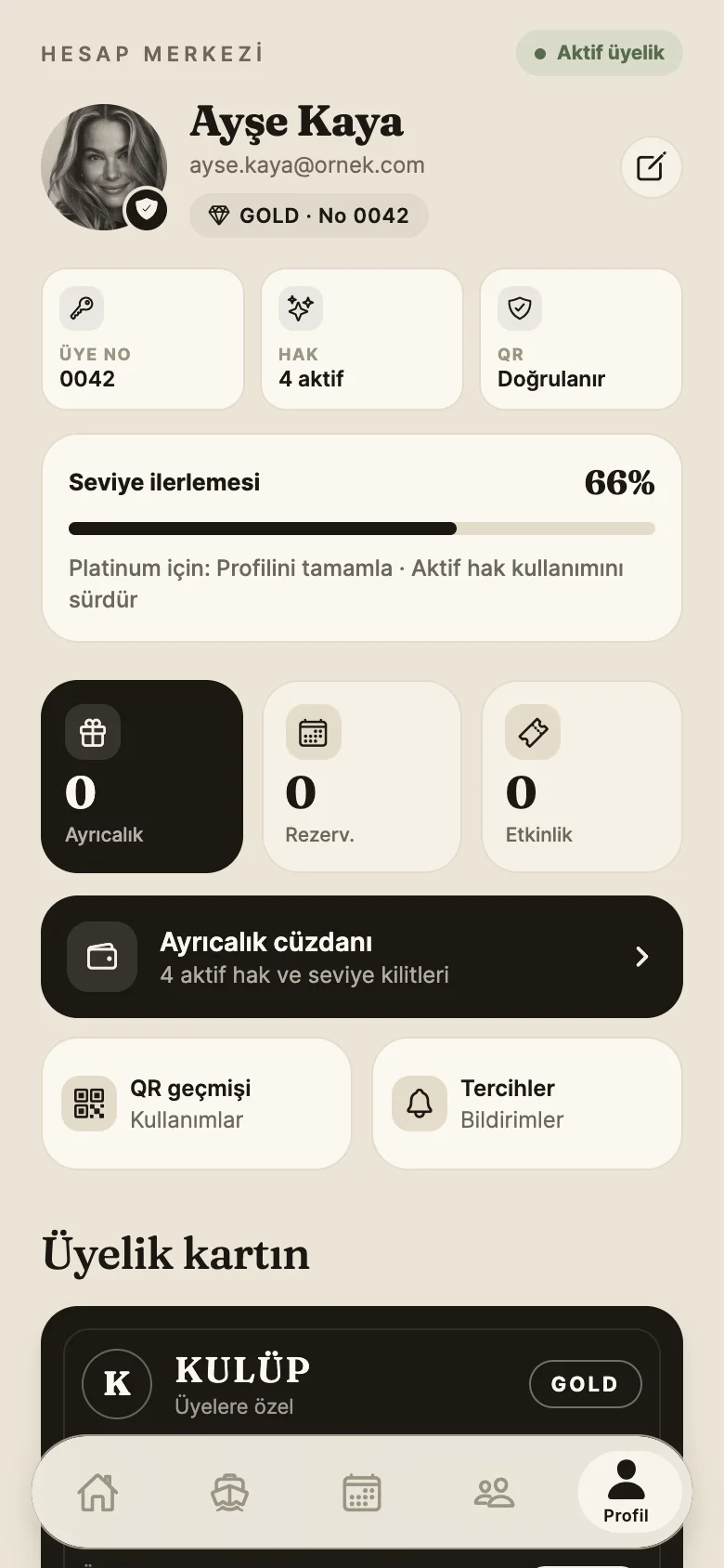 Dijital üyelik kartı ekranı